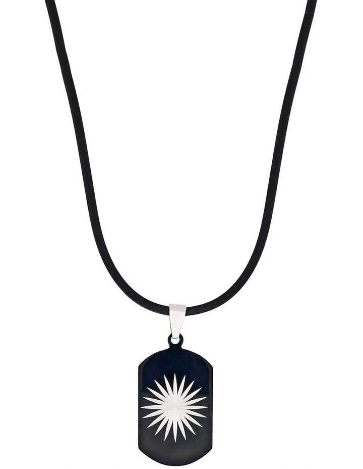 Stainless Steel Ion Plated Dog Tag with Star Pattern Centre on Rubber Chain in Black image 1