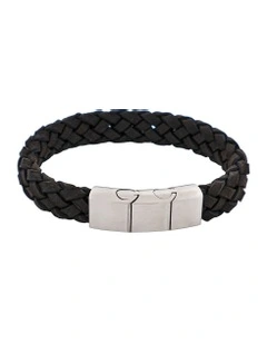 Braided Suede Italian Leather & Brushed Stainless Steel Bracelet in Black