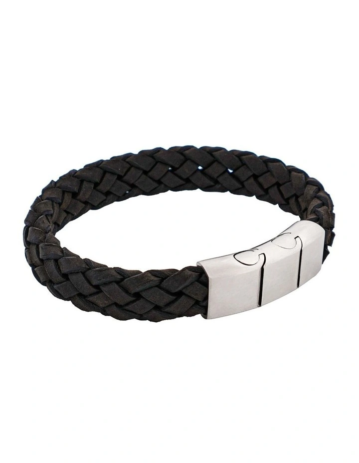Braided Suede Italian Leather & Brushed Stainless Steel Bracelet in Black image 2