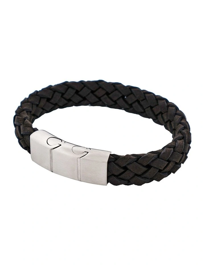 Braided Suede Italian Leather & Brushed Stainless Steel Bracelet in Black image 3