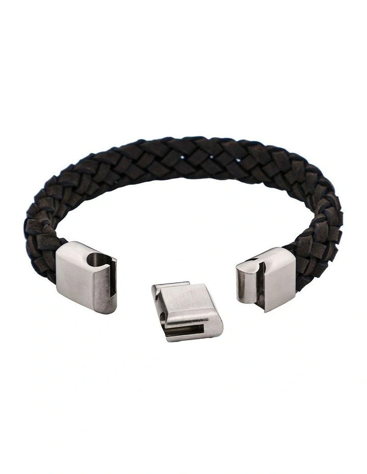 Braided Suede Italian Leather & Brushed Stainless Steel Bracelet in Black image 4