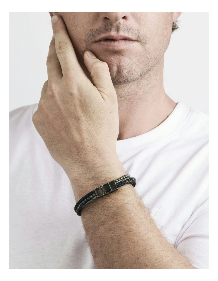 Multi-Strand Leather and Hematite Beads Bracelet in Black image 3