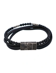 Leather & Hematite Beads Bracelet in Black