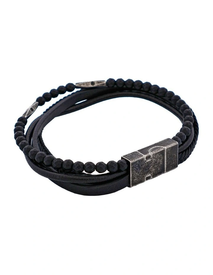 Leather & Hematite Beads Bracelet in Black image 2