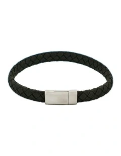 Italian Leather & Stainless Steel Bracelet in Black