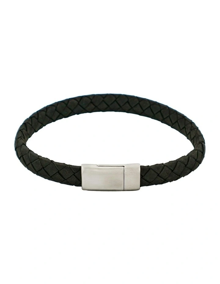 Italian Leather & Stainless Steel Bracelet in Black image 1