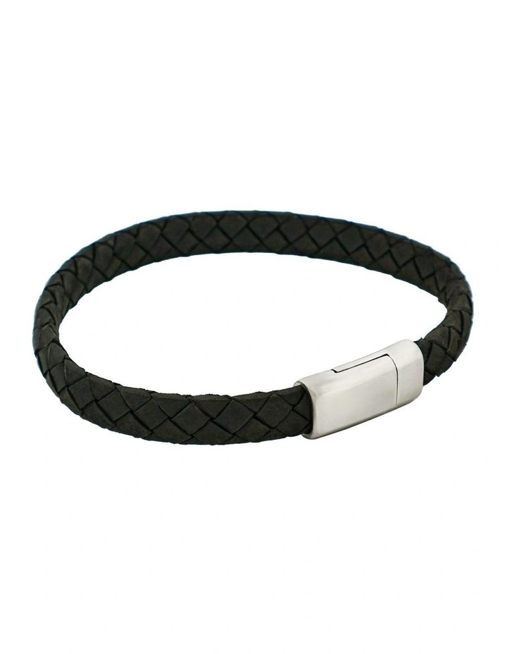 Italian Leather & Stainless Steel Bracelet in Black image 4