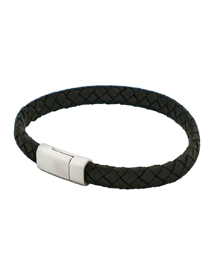 Italian Leather & Stainless Steel Bracelet in Black image 5