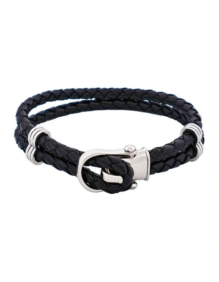 Polished Stainless Steel Buckle Leather Bracelet in Black image 1