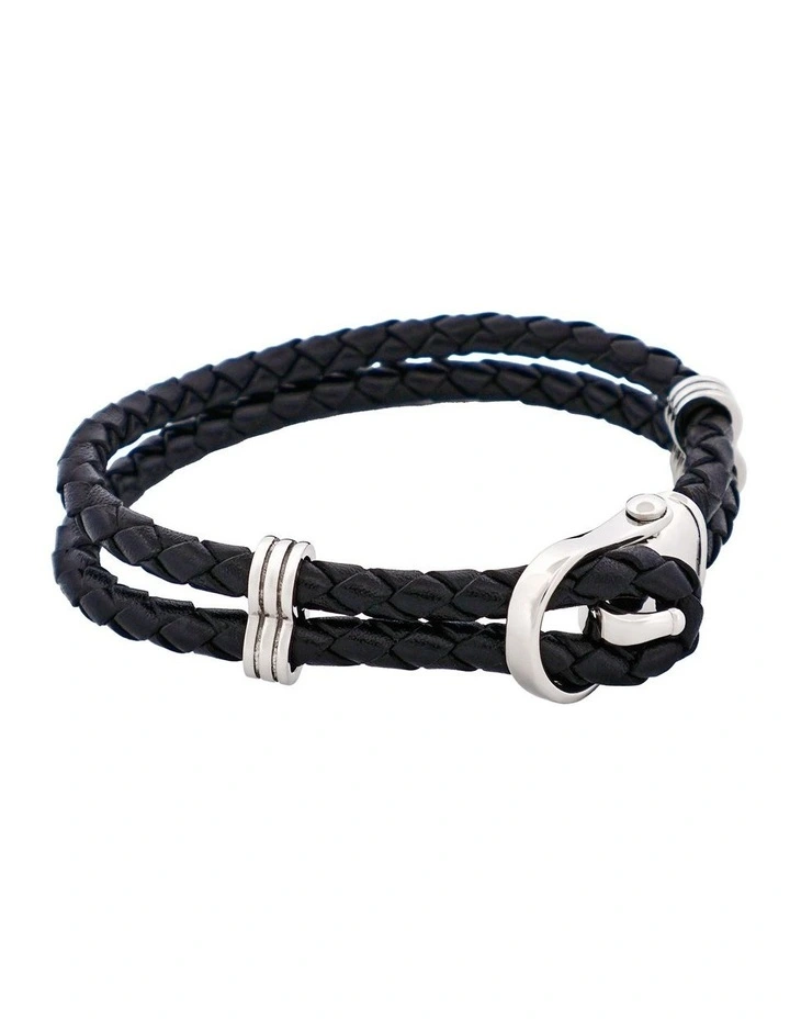 Polished Stainless Steel Buckle Leather Bracelet in Black image 2