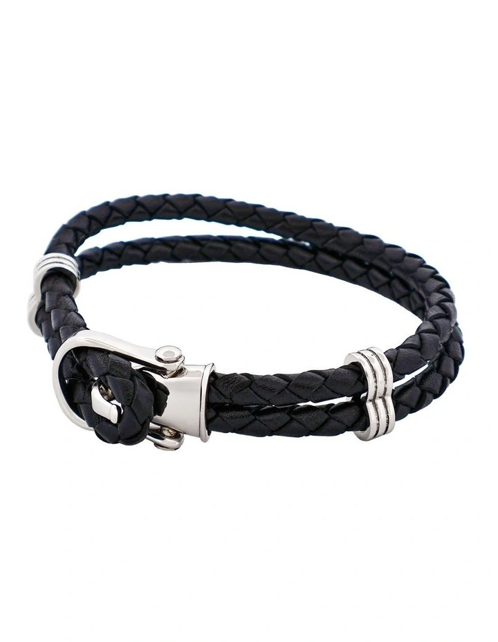 Polished Stainless Steel Buckle Leather Bracelet in Black image 3