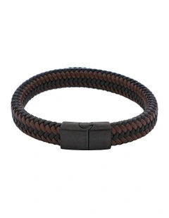 Leather Ion Plated Black Steel Bracelet in Black/Brown