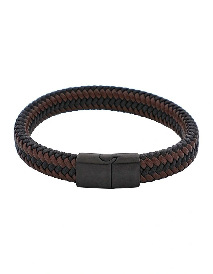 Leather Ion Plated Black Steel Bracelet in Black/Brown image 1
