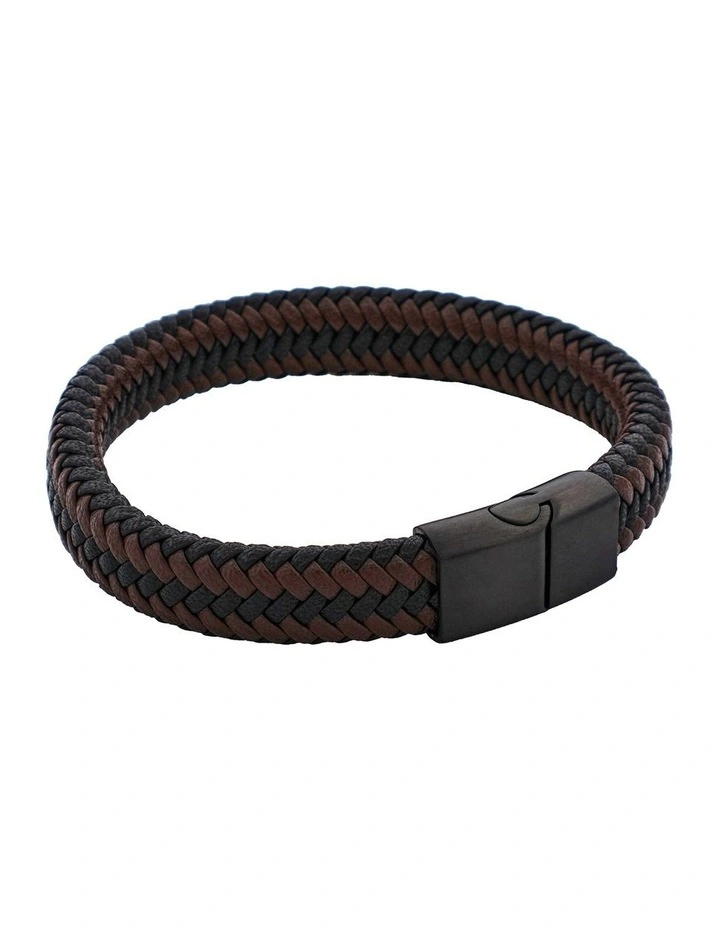 Leather Ion Plated Black Steel Bracelet in Black/Brown image 2