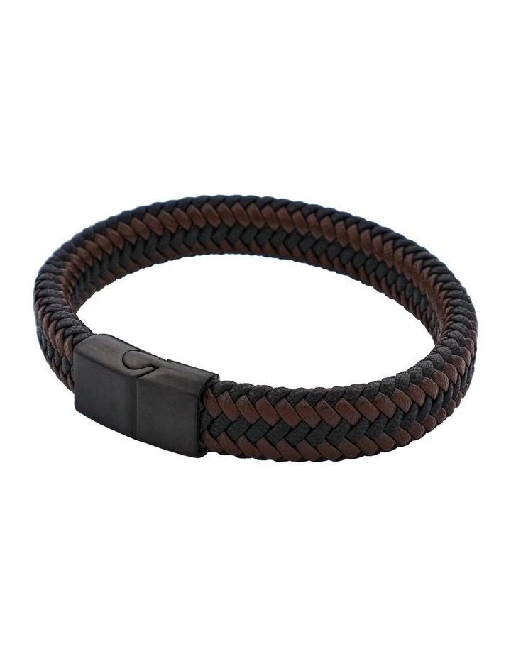 Leather Ion Plated Black Steel Bracelet in Black/Brown image 3