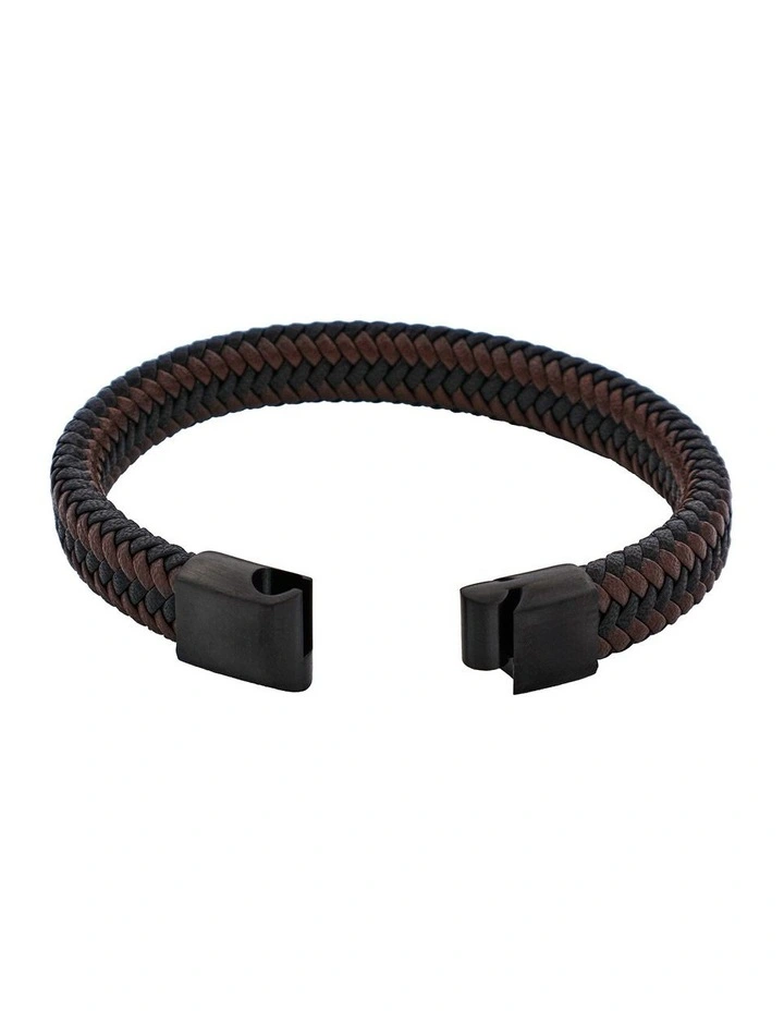 Leather Ion Plated Black Steel Bracelet in Black/Brown image 4