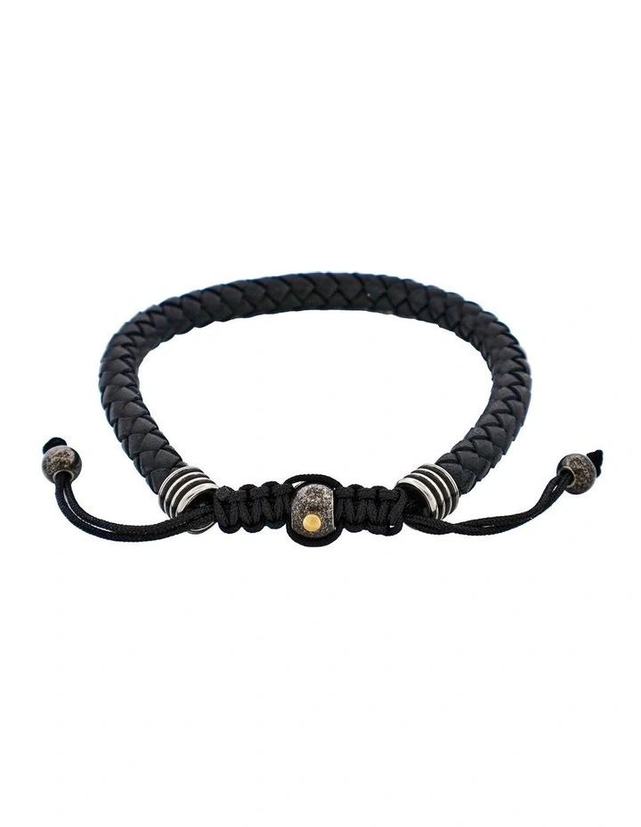 Stainless Steel Leather Macrame Bracelet in Black image 1