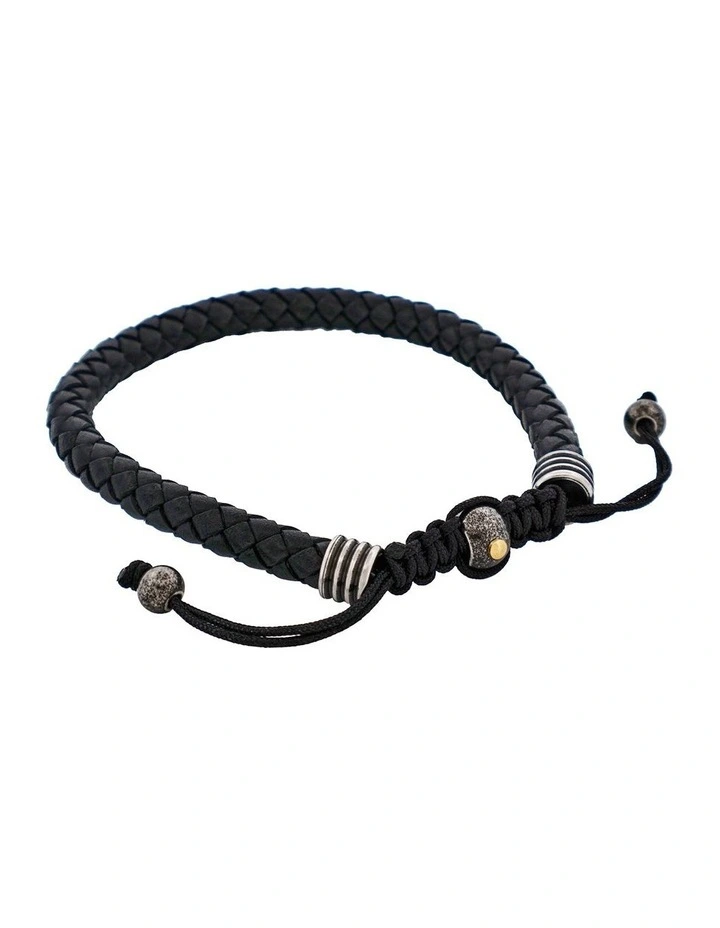 Stainless Steel Leather Macrame Bracelet in Black image 2