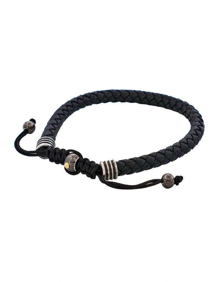Stainless Steel Leather Macrame Bracelet in Black image 3