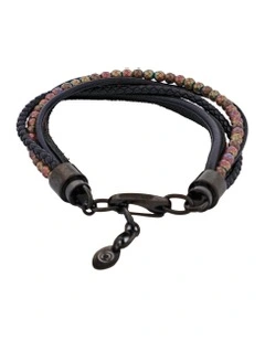 Multi-Strand Black Leather & Hematite Beads Bracelet with Ion Plated in Black
