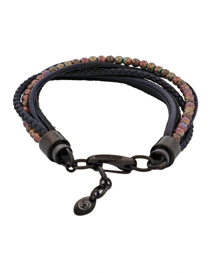 Multi-Strand Black Leather & Hematite Beads Bracelet with Ion Plated in Black image 1