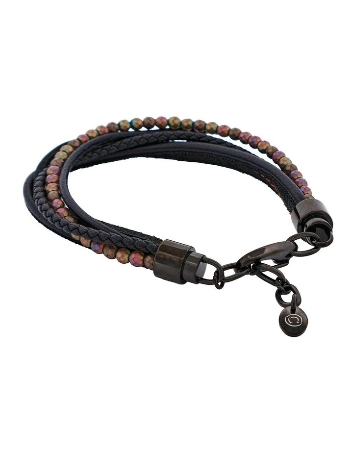 Multi-Strand Black Leather & Hematite Beads Bracelet with Ion Plated in Black image 2