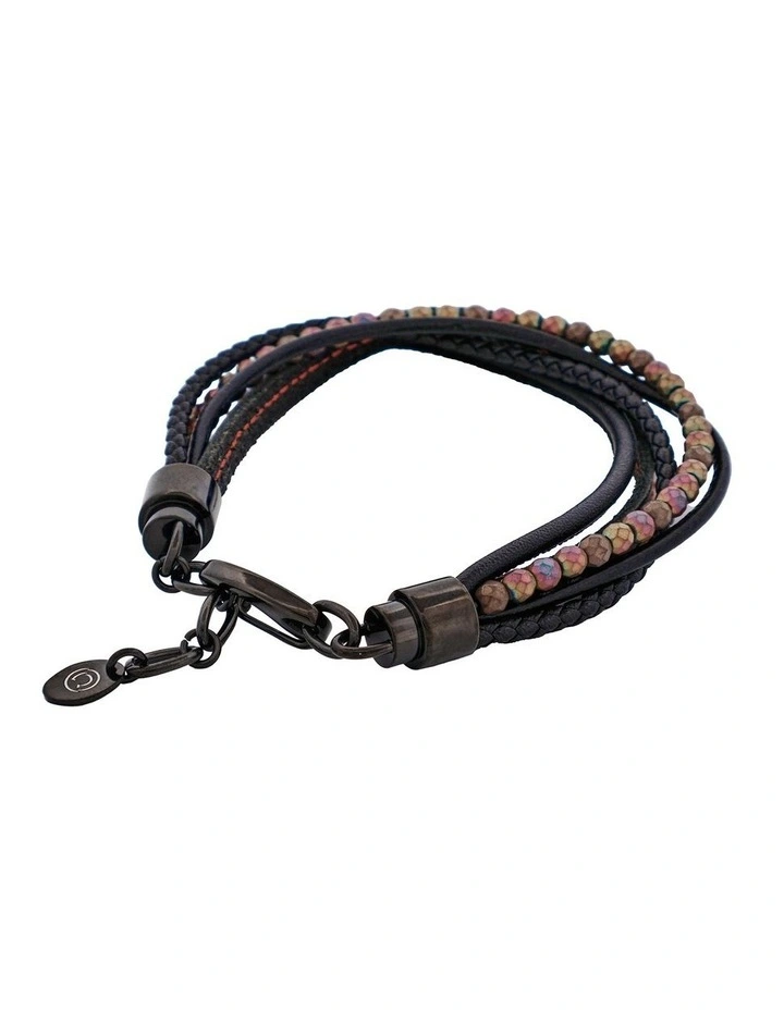 Multi-Strand Black Leather & Hematite Beads Bracelet with Ion Plated in Black image 3