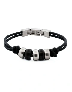 Stainless Steel &Ion Plated Beaded & Leather Bracelet in Black