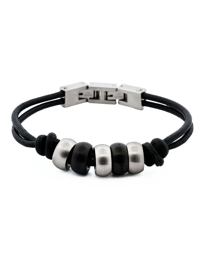 Stainless Steel &Ion Plated Beaded & Leather Bracelet in Black image 1