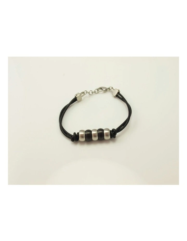 Stainless Steel &Ion Plated Beaded & Leather Bracelet in Black image 2