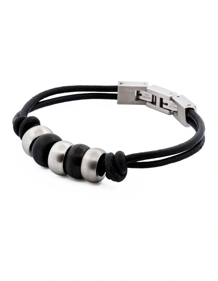 Stainless Steel &Ion Plated Beaded & Leather Bracelet in Black image 3