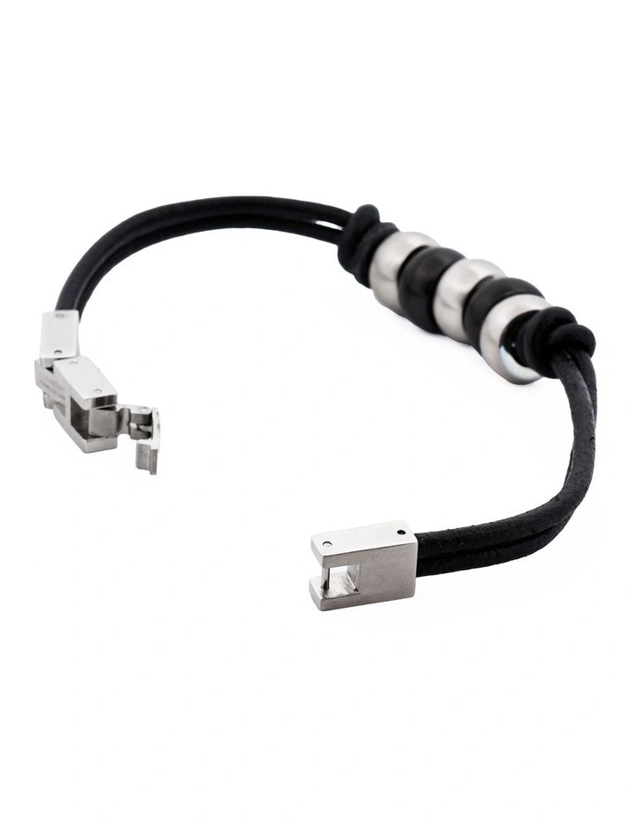 Stainless Steel &Ion Plated Beaded & Leather Bracelet in Black image 4