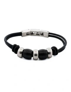 Stainless Steel &Ion Plated Beaded & Leather Bracelet in Balck