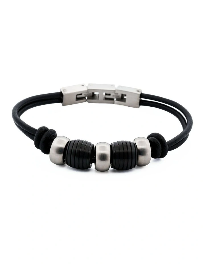 Stainless Steel &Ion Plated Beaded & Leather Bracelet in Balck image 1
