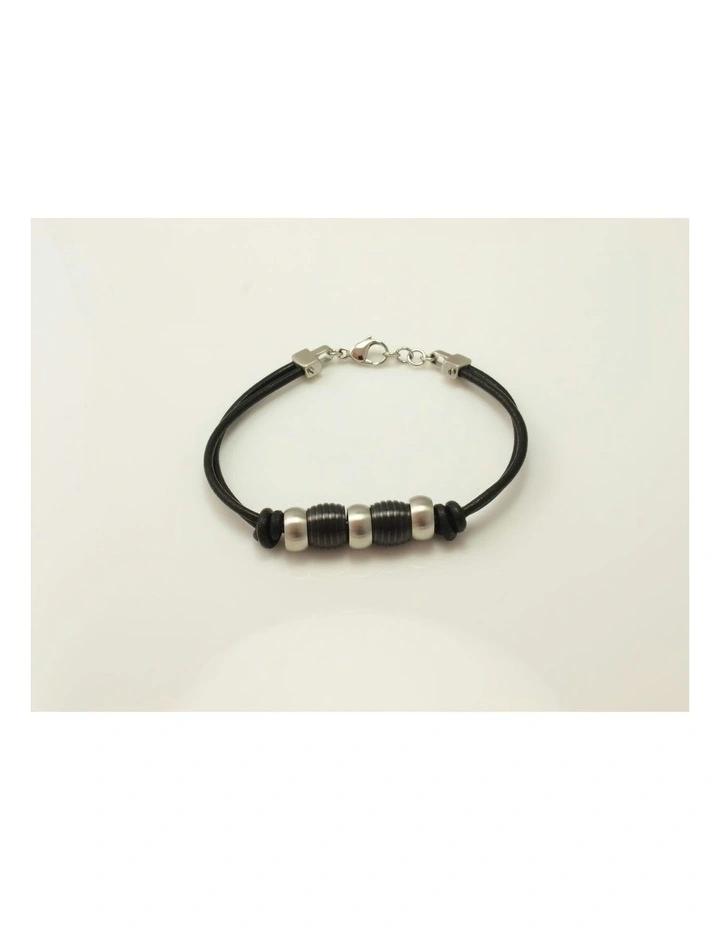 Stainless Steel &Ion Plated Beaded & Leather Bracelet in Balck image 2