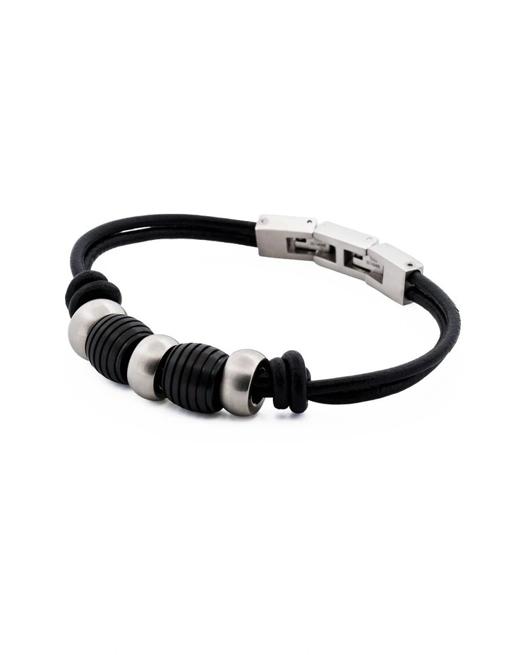 Stainless Steel &Ion Plated Beaded & Leather Bracelet in Balck image 3