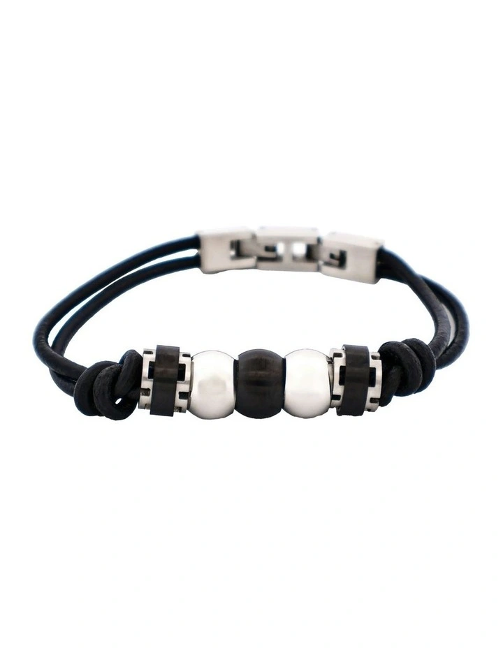 Stainless Steel and Ion Plated Beaded & Leather Bracelet in Black image 1