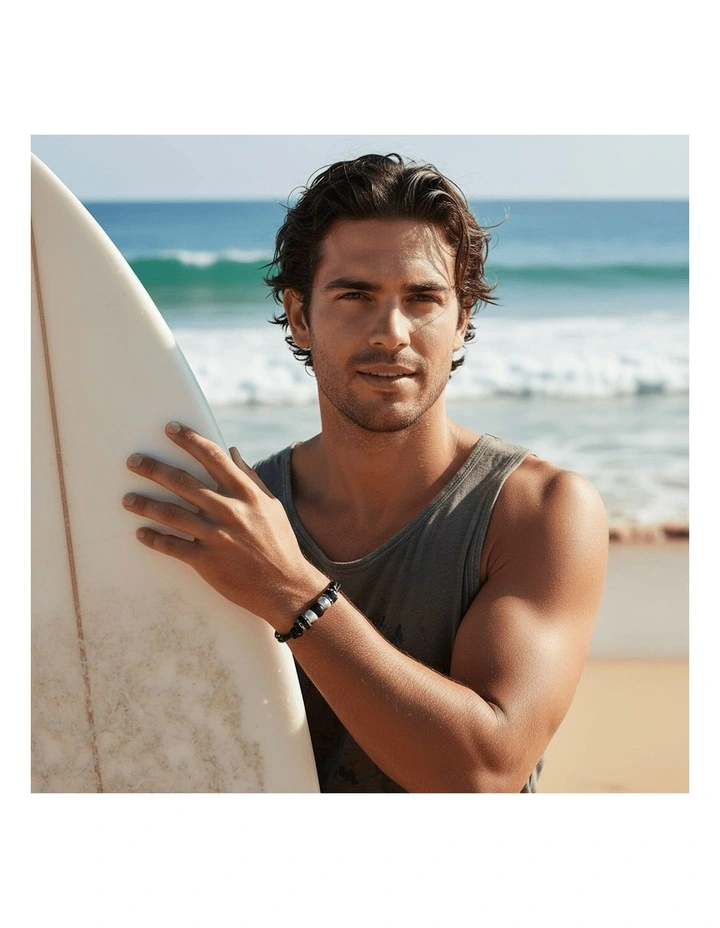 Stainless Steel and Ion Plated Beaded & Leather Bracelet in Black image 2