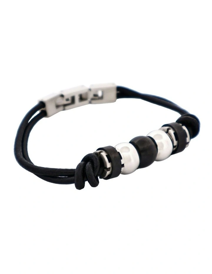 Stainless Steel and Ion Plated Beaded & Leather Bracelet in Black image 3