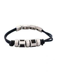 Stainless Steel & Ion Plated Bead Leather Bracelet in  Black