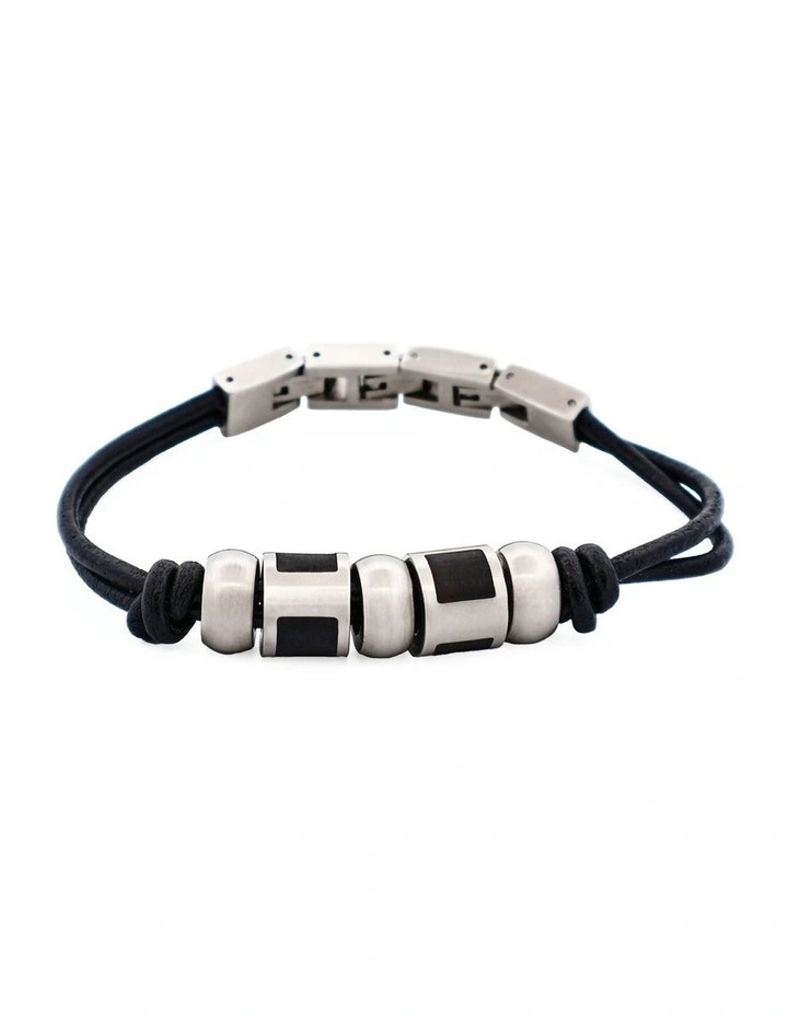Stainless Steel & Ion Plated Bead Leather Bracelet in Black image 1