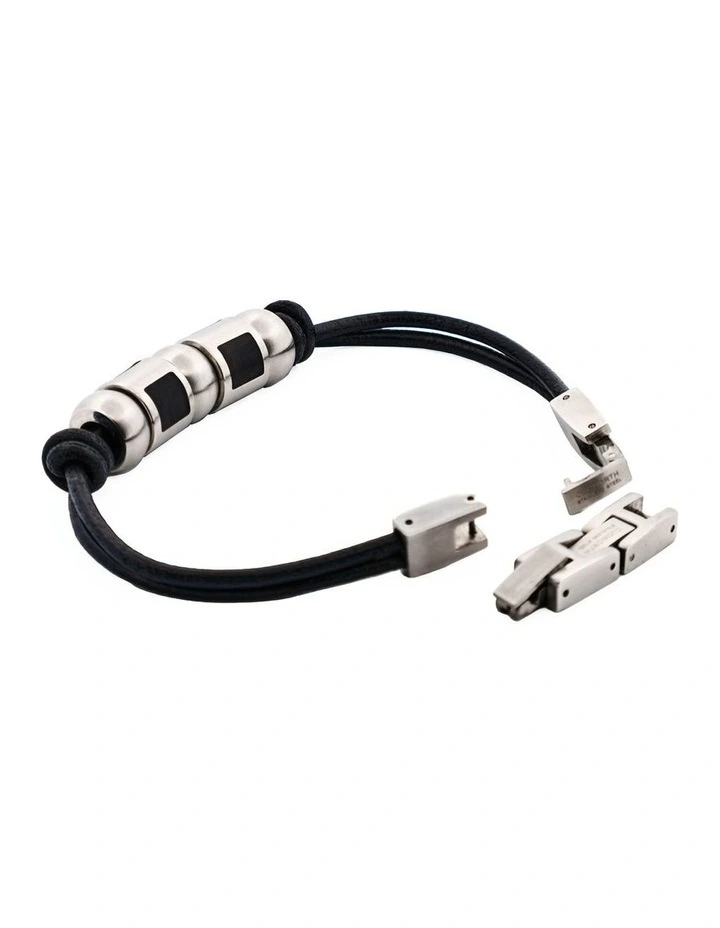 Stainless Steel & Ion Plated Bead Leather Bracelet in Black image 2