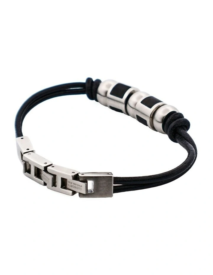 Stainless Steel & Ion Plated Bead Leather Bracelet in Black image 3