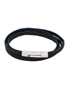 Stainless Steel Leather Double Strand Bracelet in Black
