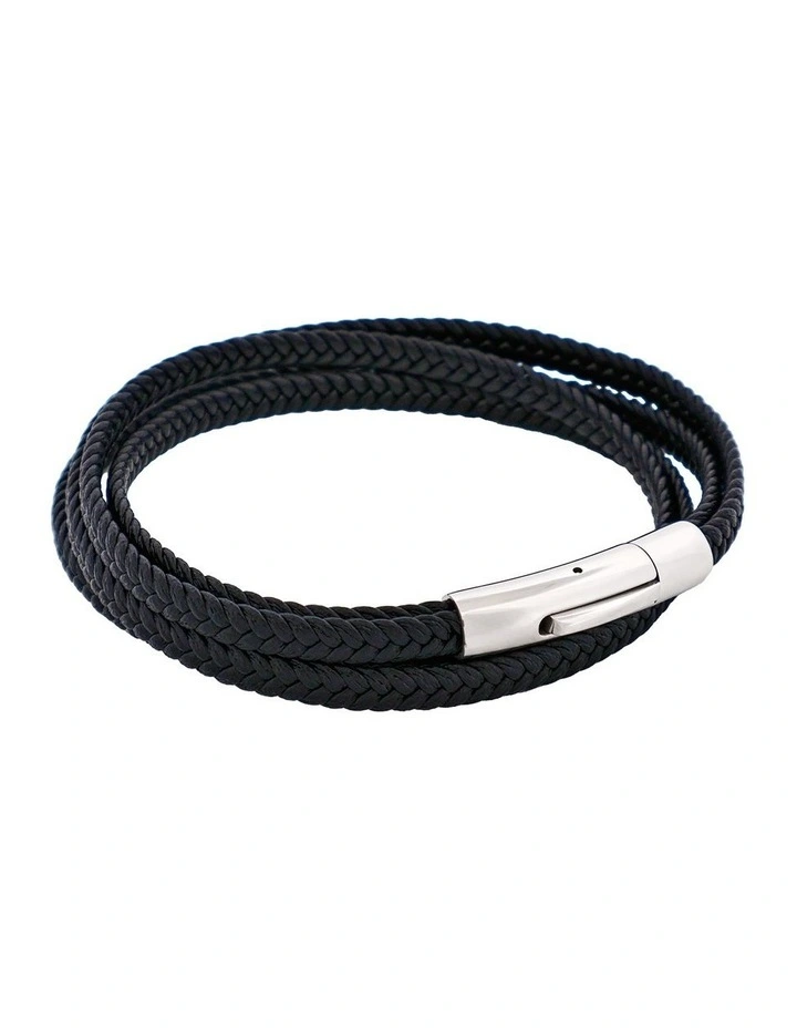 Stainless Steel Leather Double Strand Bracelet in Black image 2