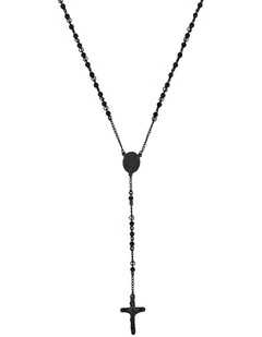 Ion Plated Stainless Steel & Black Agate Rosery Bead Cross Pendant in Black
