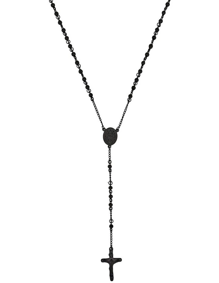 Ion Plated Stainless Steel & Black Agate Rosery Bead Cross Pendant in Black image 1