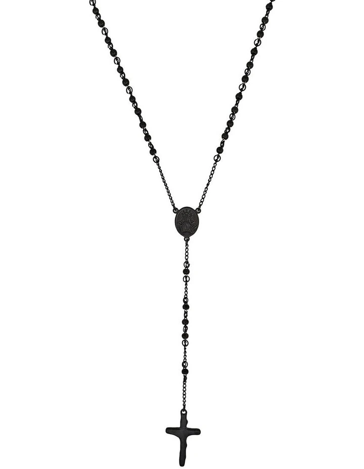 Ion Plated Stainless Steel & Black Agate Rosery Bead Cross Pendant in Black image 2