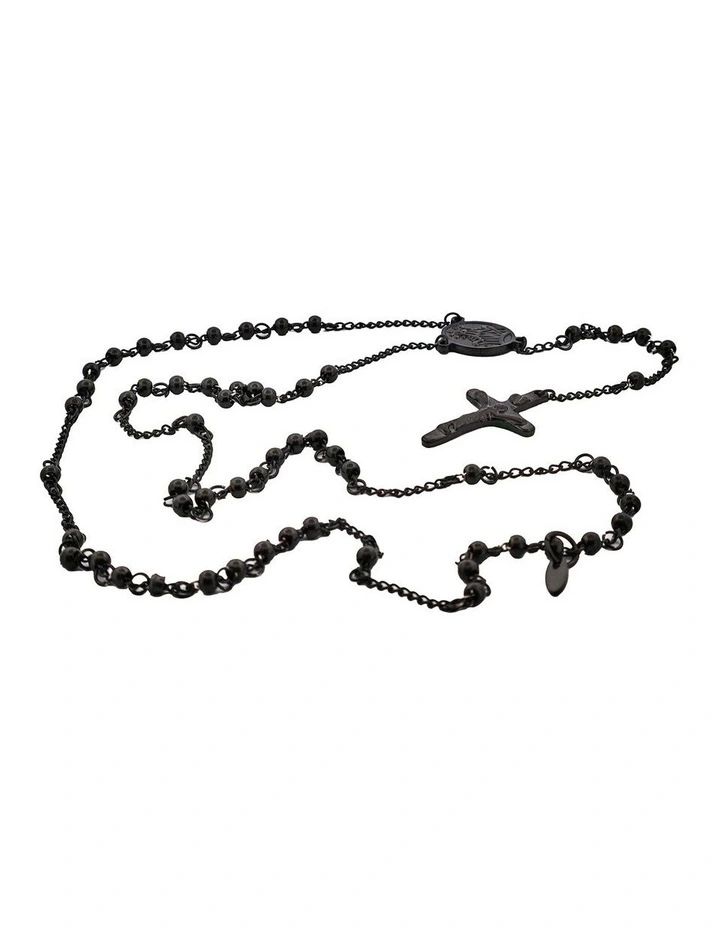Ion Plated Stainless Steel & Black Agate Rosery Bead Cross Pendant in Black image 3