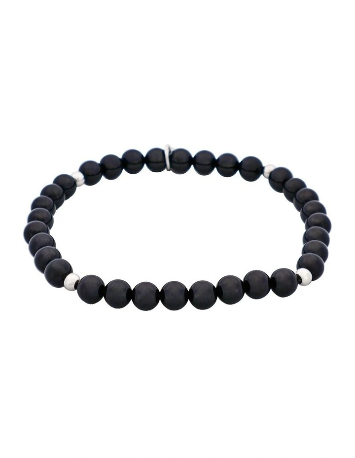 Agate & Stainless Steel Beaded Bracelet in Black image 1